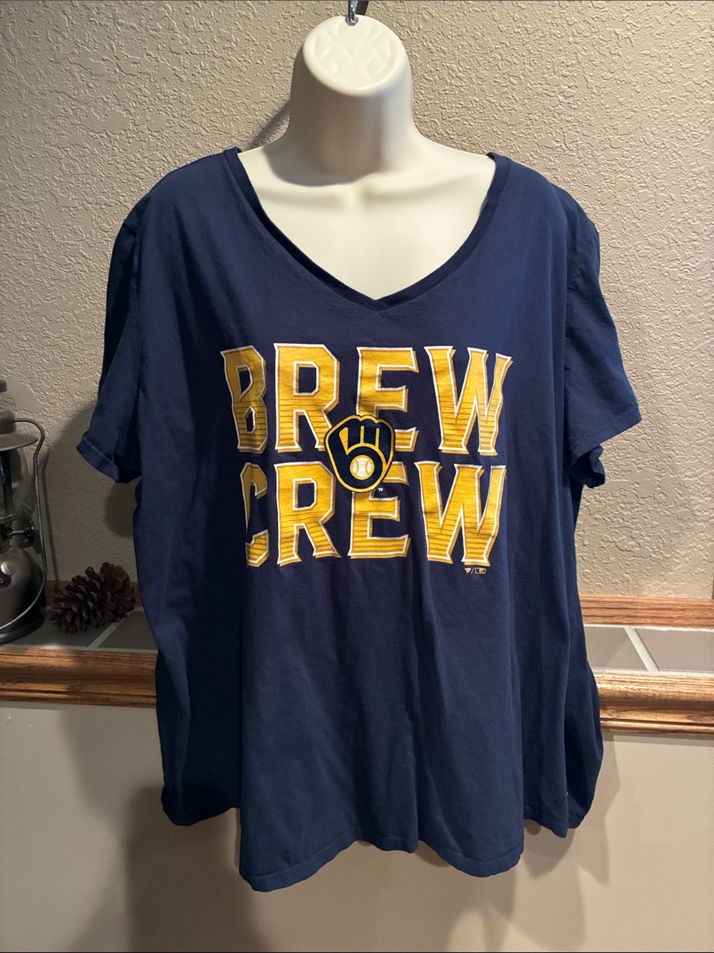 Fanatics Navy Blue "Brew Crew" Graphic V-Neck Tee with Yellow Print